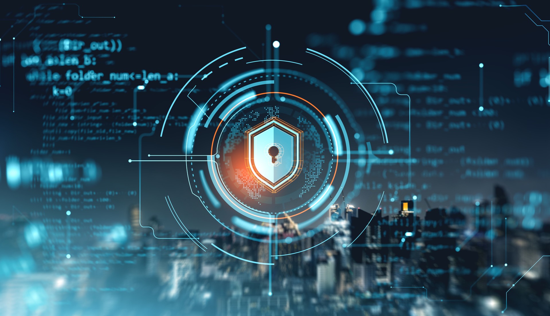 Digital security concept with a shield and keyhole over a cityscape background.